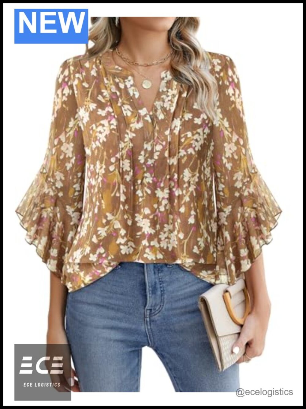 Womens 3/4 Sleeve Pleated Henley V-Neck Chiffon Tunic Top Business Casual